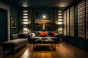 un vivo habitación con oscuro azul paredes y de madera pisos generado por ai foto