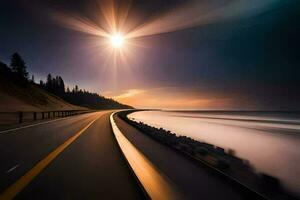 a long exposure photograph of a road with the sun shining. AI-Generated photo