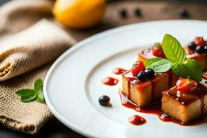 un plato con tofu cubitos y salsa en él. generado por ai foto