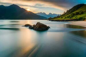 a long exposure photograph of a beach and mountains. AI-Generated photo