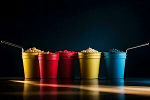a row of colorful cups with a spoon. AI-Generated photo
