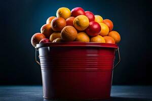 a bucket full of oranges on a dark background. AI-Generated photo