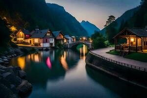 photo wallpaper the sky, mountains, river, bridge, houses, lights, the night, the. AI-Generated