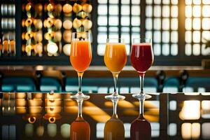 three glasses of orange juice on a bar counter. AI-Generated photo