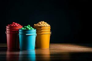 three colorful buckets with different colored candy in them. AI-Generated photo