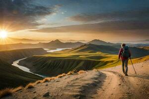 a man with trek poles walks along a path in the mountains. AI-Generated photo