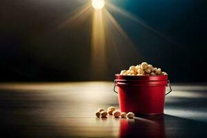 a bucket of peanuts on a table with a spotlight. AI-Generated photo