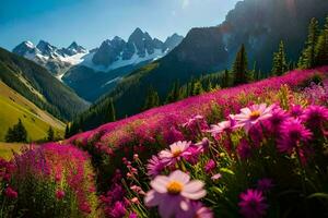 rosado flores en el montañas con nieve tapado picos generado por ai foto