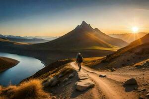 a person walks along a path in the mountains. AI-Generated photo