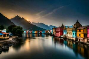 vistoso casas línea el bancos de un río a puesta de sol. generado por ai foto