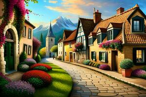 a painting of a street in a village. AI-Generated photo