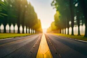 un vacío la carretera con arboles y un amarillo línea. generado por ai foto