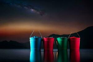 three buckets of paint on a table with a sky background. AI-Generated photo