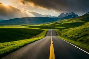 un la carretera en el medio de un verde campo con montañas en el antecedentes. generado por ai foto