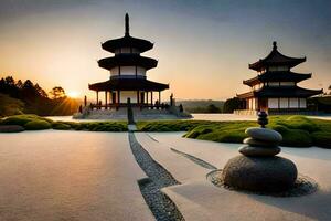 a japanese garden with two pagodas and rocks. AI-Generated photo