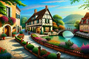 a painting of a small town with houses and flowers. AI-Generated photo