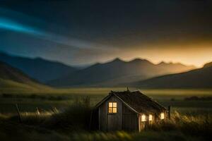 un pequeño casa en el medio de un campo. generado por ai foto