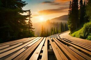 wooden walkway in the mountains with sun setting. AI-Generated photo