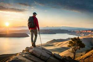 un hombre con mochila y emigrar polos en pie en parte superior de un montaña a puesta de sol. generado por ai foto