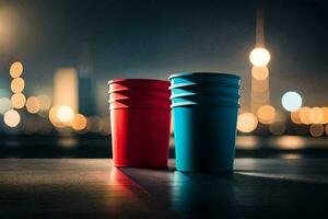 two red and blue cups sitting on a table in front of a city skyline. AI-Generated photo