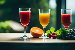 three glasses of juice with fruit and berries. AI-Generated photo