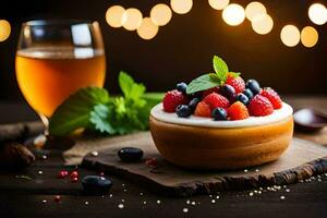 a dessert with berries and a glass of beer. AI-Generated photo