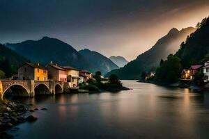 foto fondo de pantalla el cielo, montañas, río, casas, puente, atardecer, el sol, el. generado por ai