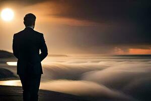 a man in a suit stands on the beach looking at the ocean. AI-Generated photo