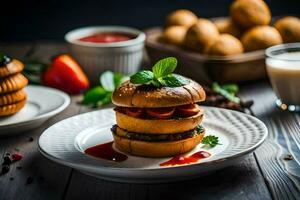 a hamburger with tomato sauce and vegetables on a plate. AI-Generated photo