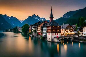 un río y casas en el montañas a puesta de sol. generado por ai foto