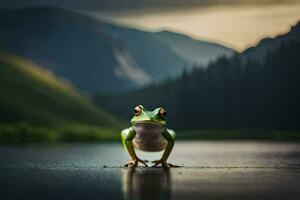 un rana en pie en el borde de un lago. generado por ai foto