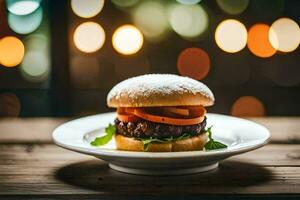 a hamburger on a plate with lights in the background. AI-Generated photo