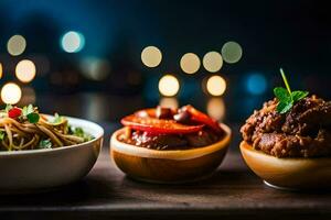 three bowls of food on a wooden table. AI-Generated photo