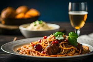 spaghetti with meat and vegetables on a plate. AI-Generated photo