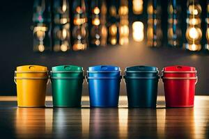 a row of colorful trash cans on a table. AI-Generated photo