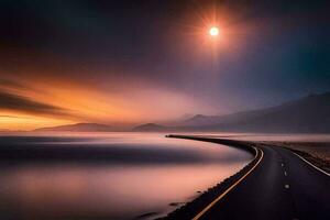 un largo la carretera estiramientos fuera dentro el Oceano a puesta de sol. generado por ai foto