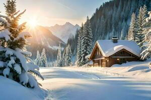a cabin in the snow with trees and mountains. AI-Generated photo