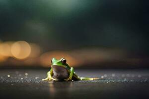 a frog sitting on the ground in front of a blurry background. AI-Generated photo