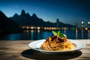 un plato de espaguetis con carne y vegetales en un de madera mesa en frente de un paisaje urbano generado por ai foto