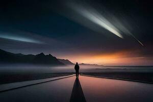 un hombre en pie en un playa a puesta de sol con un cometa en el cielo. generado por ai foto