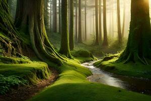 un corriente carreras mediante un lozano verde bosque. generado por ai foto