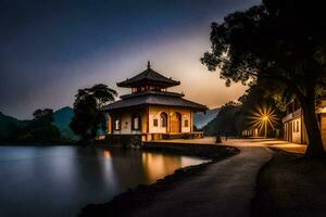 a pagoda sits on the side of a lake at night. AI-Generated photo