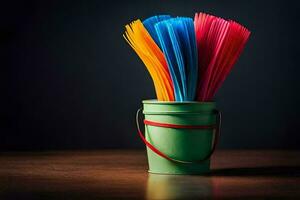 a bucket filled with colorful spaghetti. AI-Generated photo