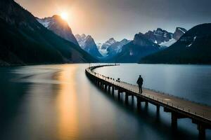 a man stands on a pier looking out over a lake and mountains. AI-Generated photo