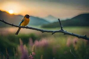 a bird sits on a branch in front of a sunset. AI-Generated photo