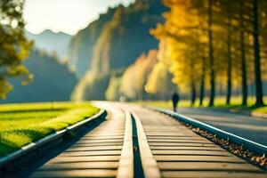 un largo tren pista en el medio de un campo. generado por ai foto