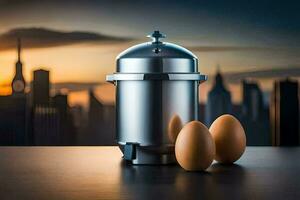 eggs and a coffee machine in front of a cityscape. AI-Generated photo