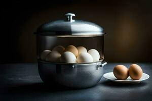 a large stainless steel container filled with eggs. AI-Generated photo