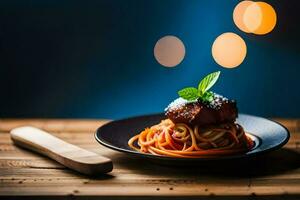 a plate of spaghetti with meat and a fork on a wooden table. AI-Generated photo