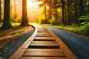 a wooden path in the forest with the sun shining. AI-Generated photo